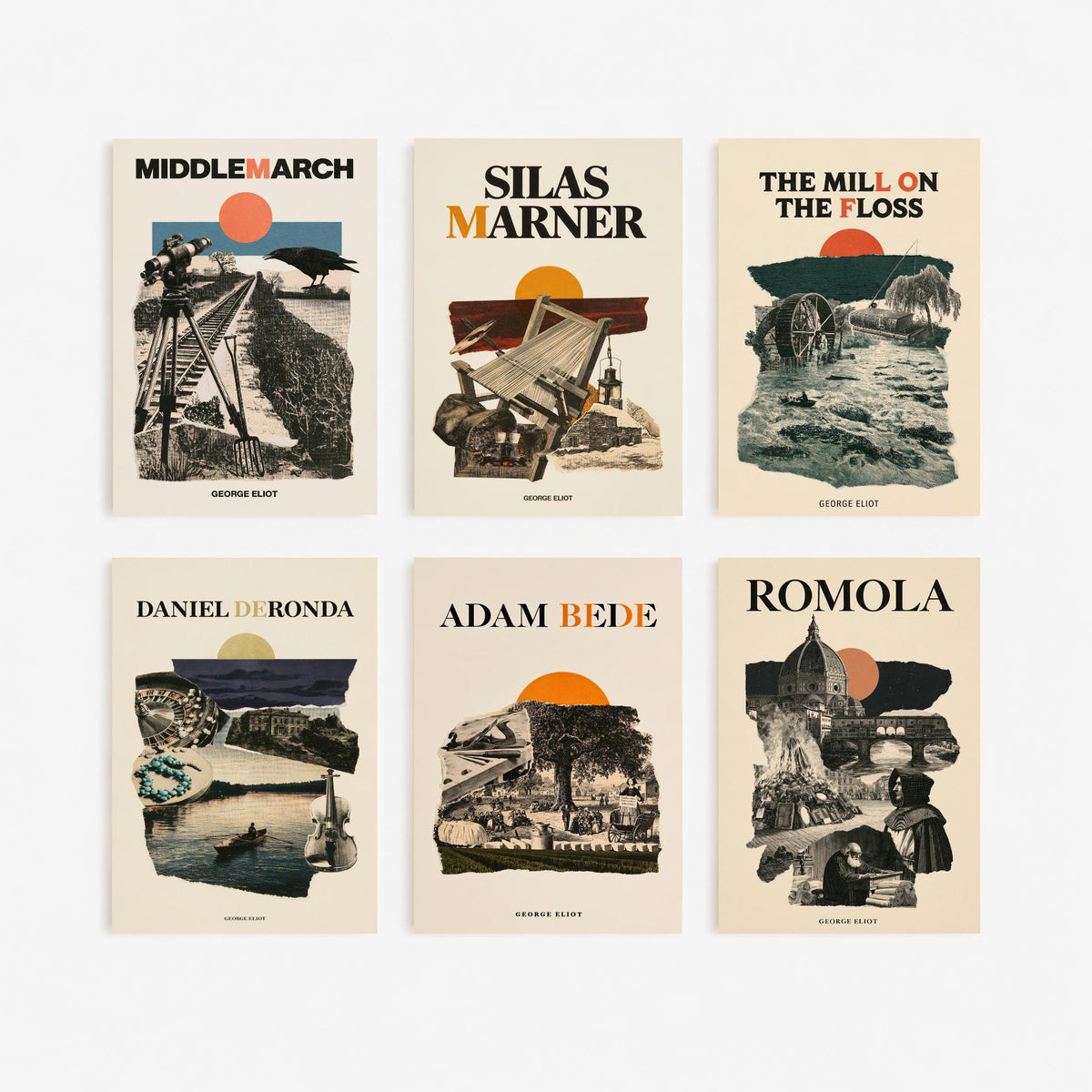 Classic English Literature Set of Six Art Prints - 6 Retro Sunrise Book Jacket Illustration Posters - Romola to Daniel Deronda