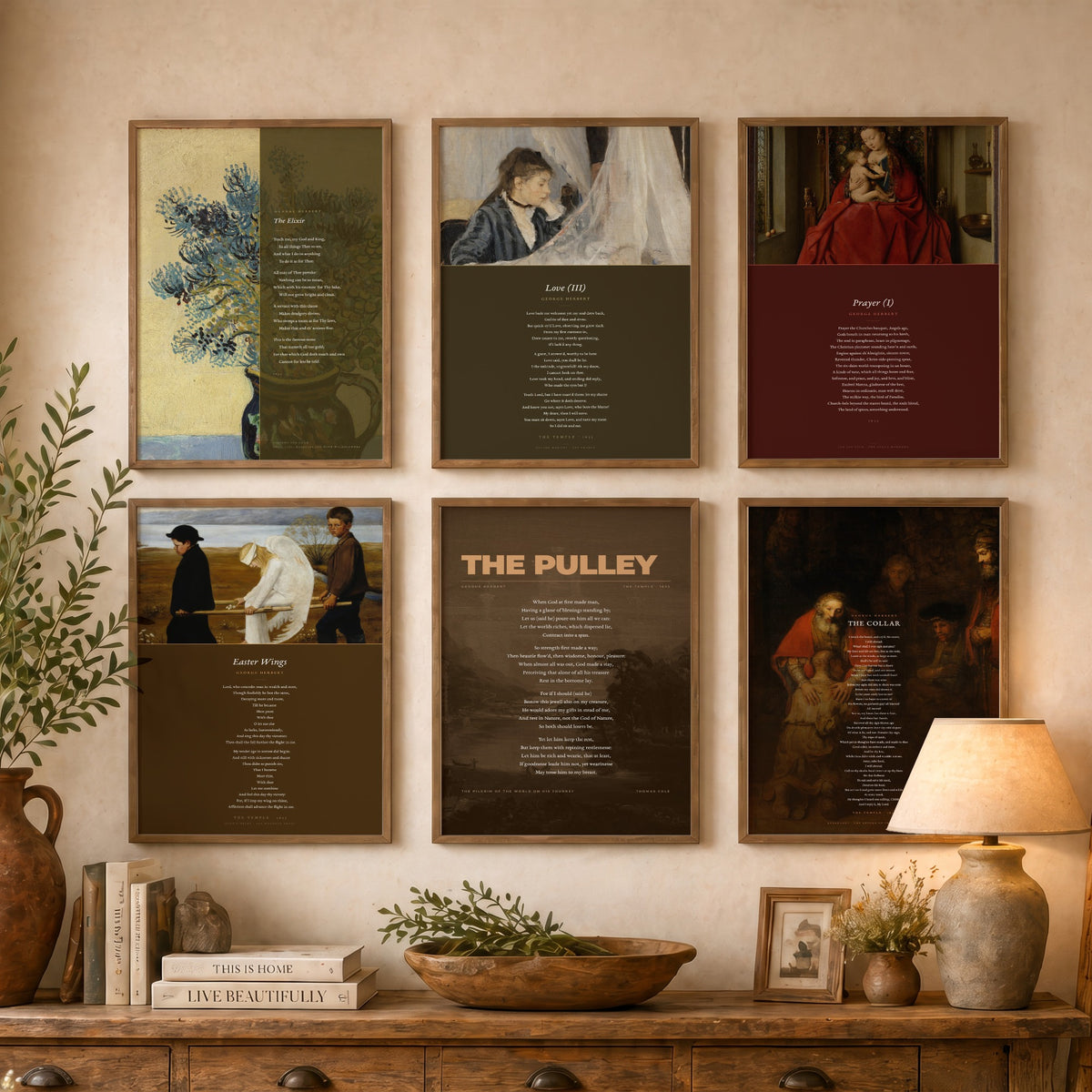 Set of Six George Herbert Poem Art Prints - 6 Poems over Paintings - Posters - Love III, The Collar, Prayer I, Easter Wings, The Pulley