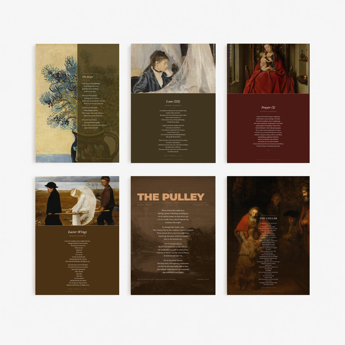 Set of Six George Herbert Poem Art Prints - 6 Poems over Paintings - Posters - Love III, The Collar, Prayer I, Easter Wings, The Pulley