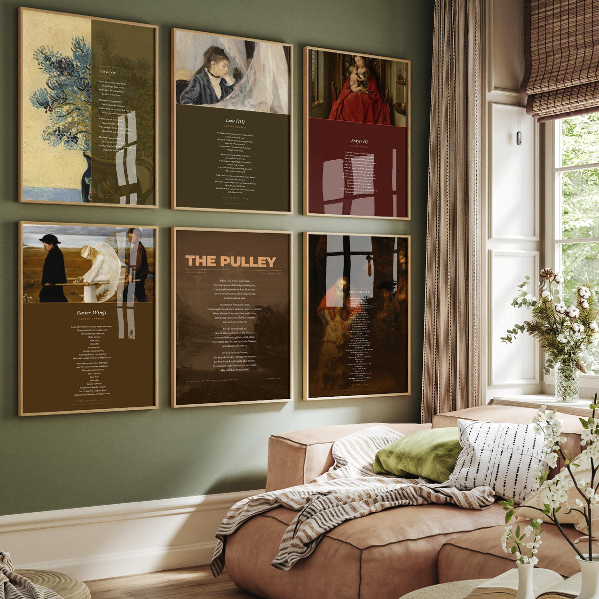 Set of Six George Herbert Poem Art Prints - 6 Poems over Paintings - Posters - Love III, The Collar, Prayer I, Easter Wings, The Pulley