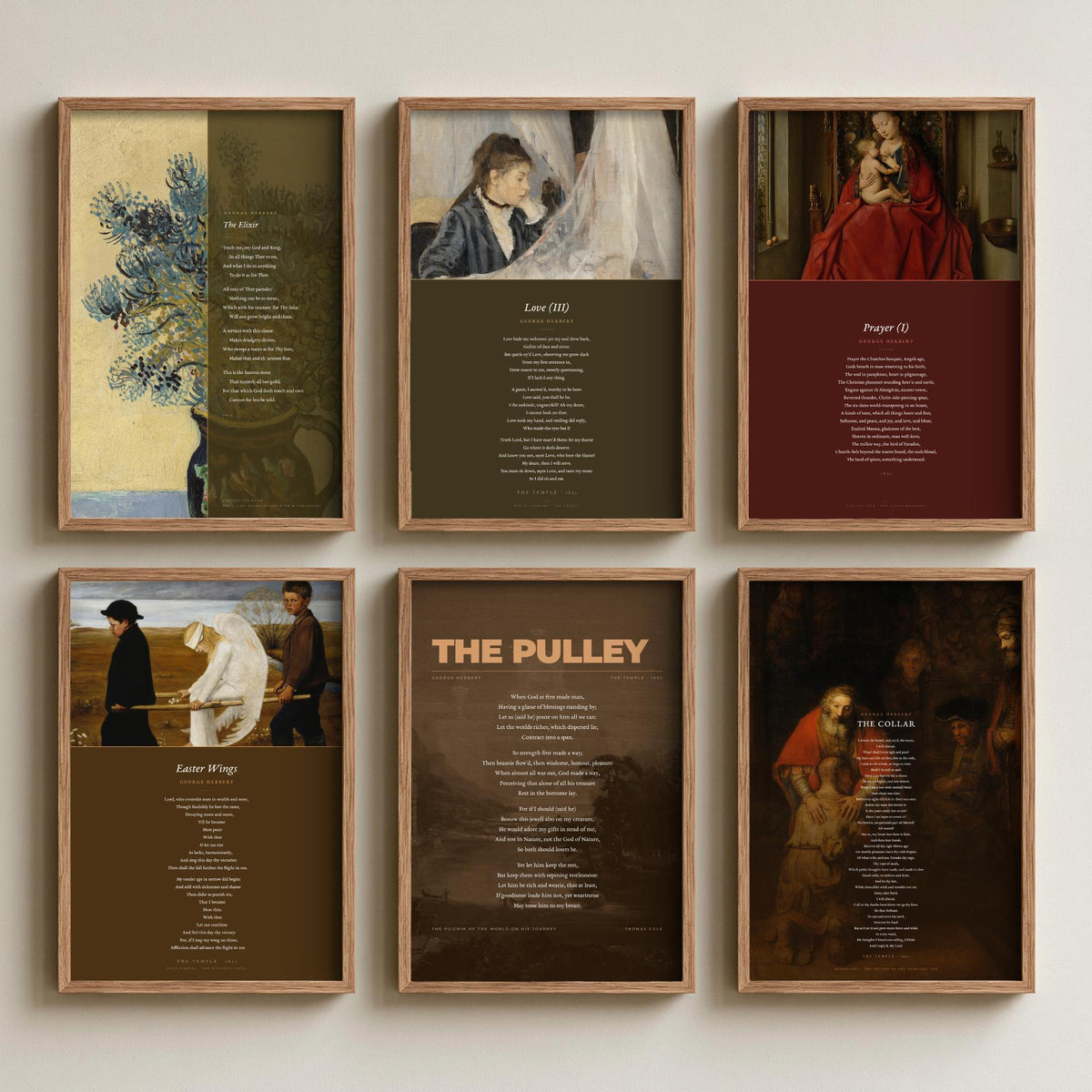 Set of Six George Herbert Poem Art Prints - 6 Poems over Paintings - Posters - Love III, The Collar, Prayer I, Easter Wings, The Pulley