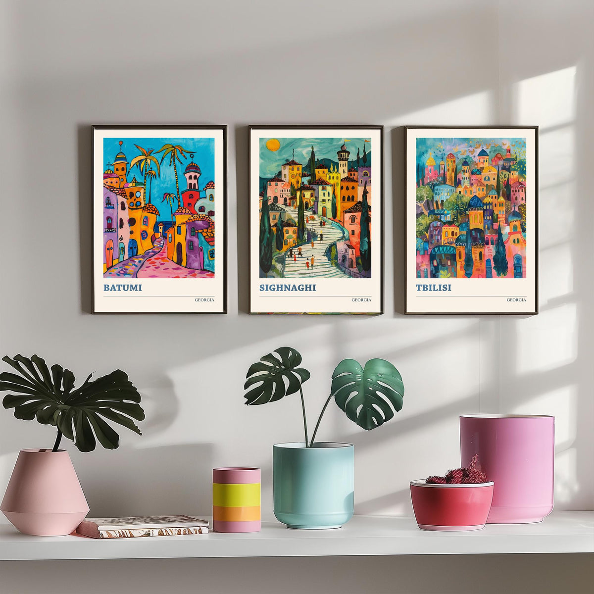 Georgia Set of Three Travel Posters - Batumi, Sighnaghi, Tbilisi - 3 Colourful Art Prints Folk Painting Illustration Gift City