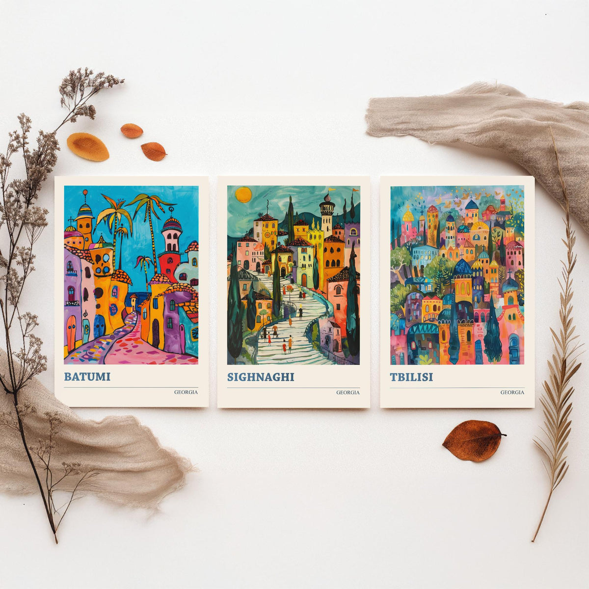 Georgia Set of Three Travel Posters - Batumi, Sighnaghi, Tbilisi - 3 Colourful Art Prints Folk Painting Illustration Gift City