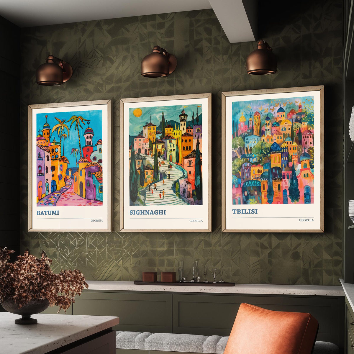Georgia Set of Three Travel Posters - Batumi, Sighnaghi, Tbilisi - 3 Colourful Art Prints Folk Painting Illustration Gift City