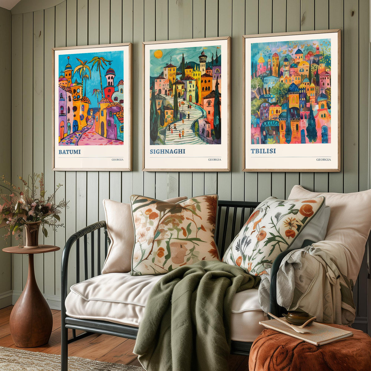 Georgia Set of Three Travel Posters - Batumi, Sighnaghi, Tbilisi - 3 Colourful Art Prints Folk Painting Illustration Gift City