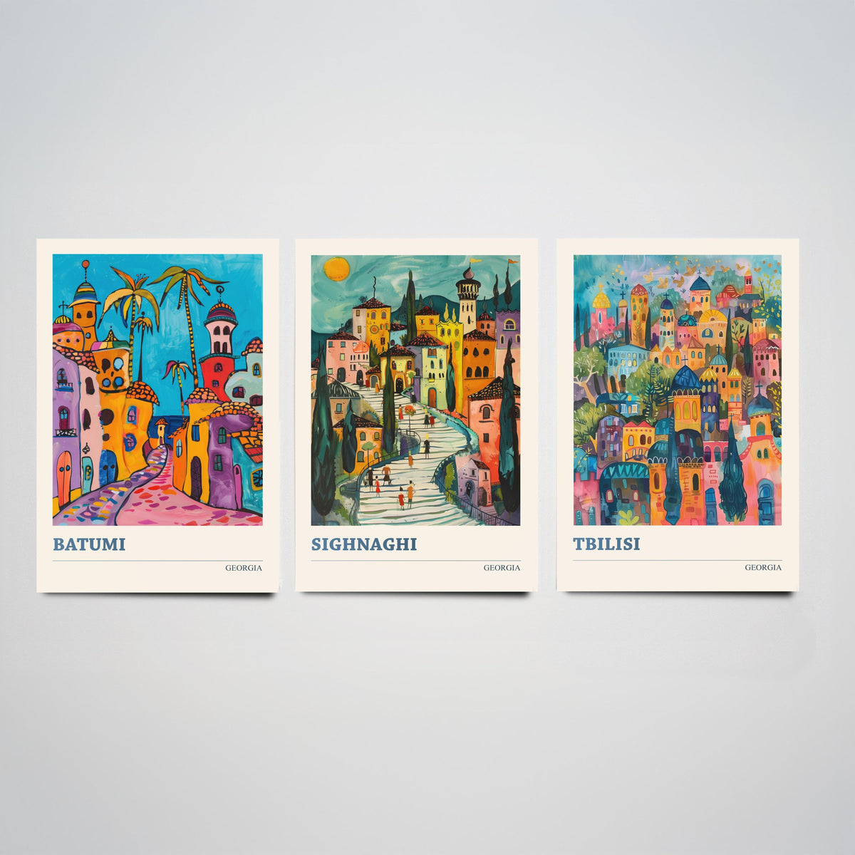 Georgia Set of Three Travel Posters - Batumi, Sighnaghi, Tbilisi - 3 Colourful Art Prints Folk Painting Illustration Gift City
