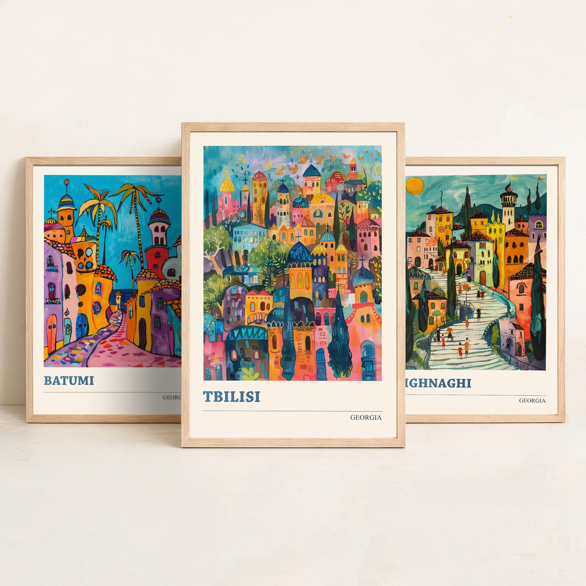 Georgia Set of Three Travel Posters - Batumi, Sighnaghi, Tbilisi - 3 Colourful Art Prints Folk Painting Illustration Gift City