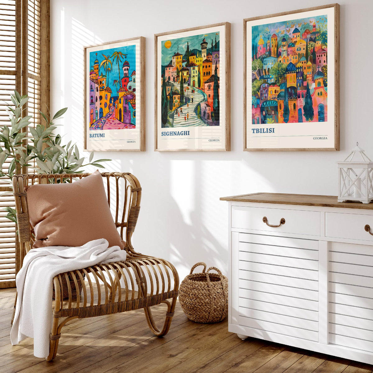 Georgia Set of Three Travel Posters - Batumi, Sighnaghi, Tbilisi - 3 Colourful Art Prints Folk Painting Illustration Gift City