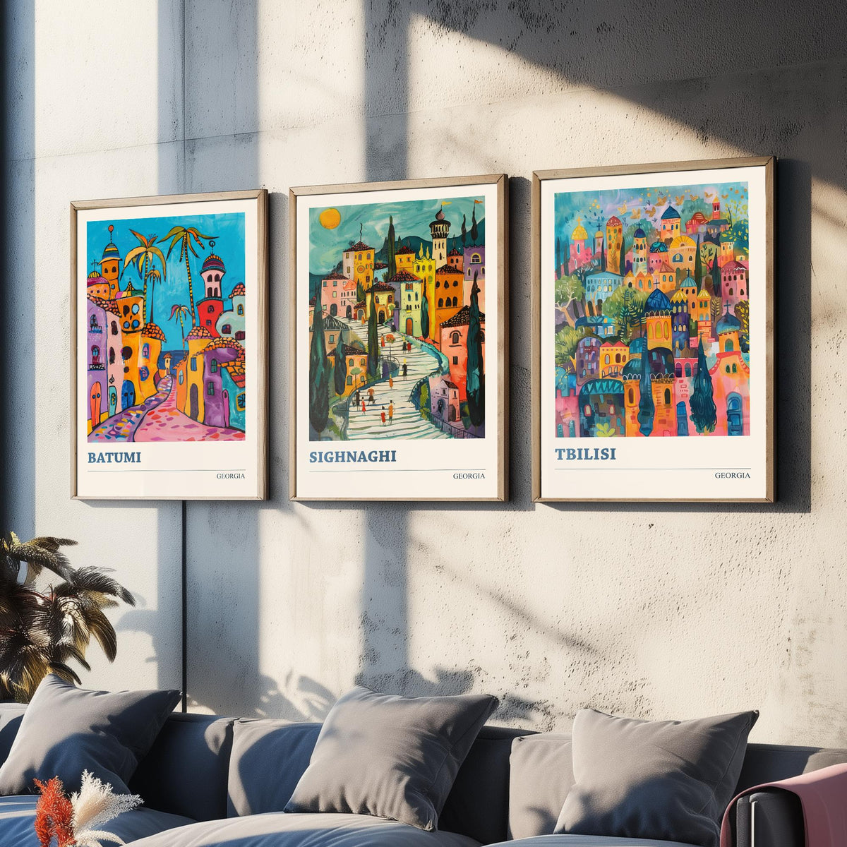 Georgia Set of Three Travel Posters - Batumi, Sighnaghi, Tbilisi - 3 Colourful Art Prints Folk Painting Illustration Gift City