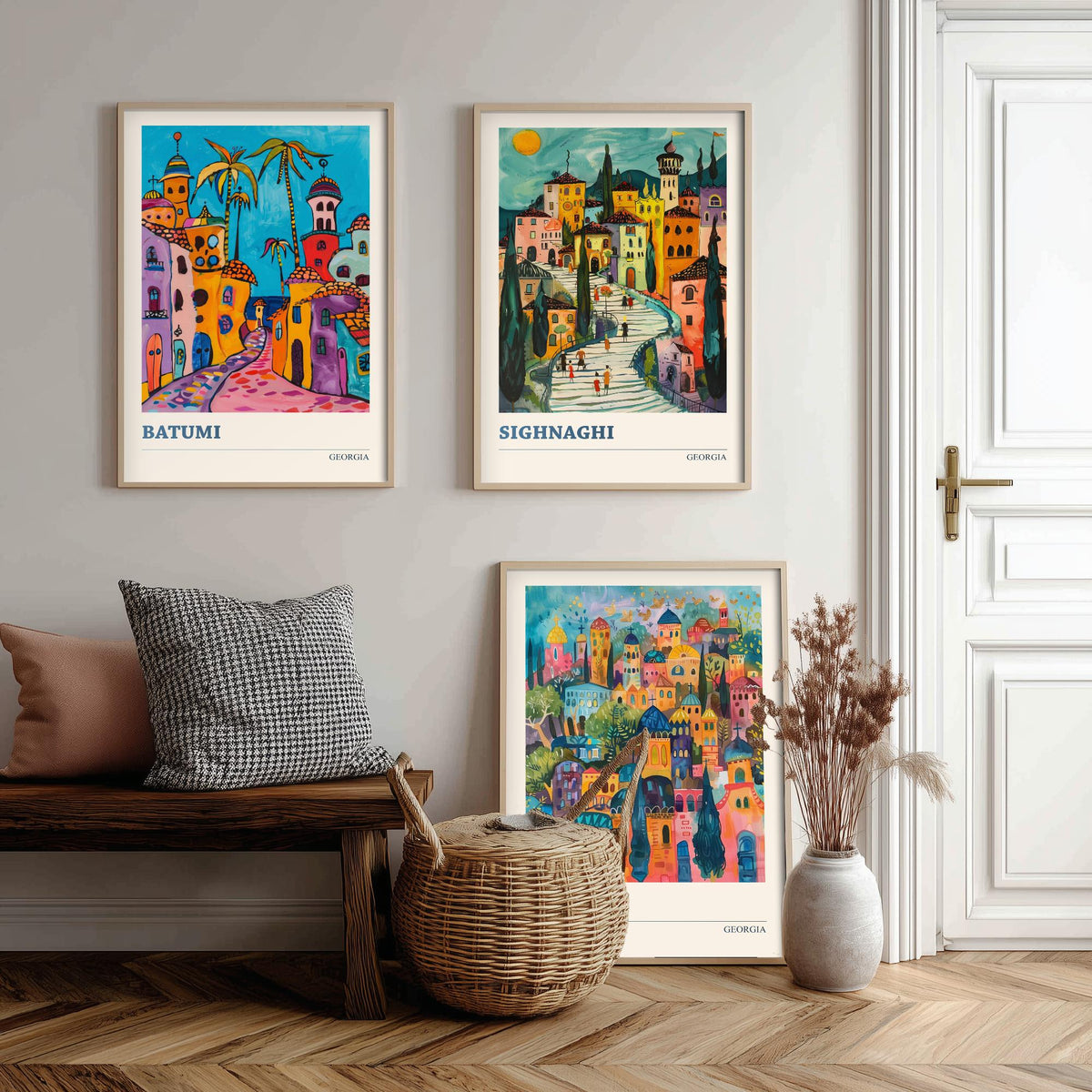 Georgia Set of Three Travel Posters - Batumi, Sighnaghi, Tbilisi - 3 Colourful Art Prints Folk Painting Illustration Gift City