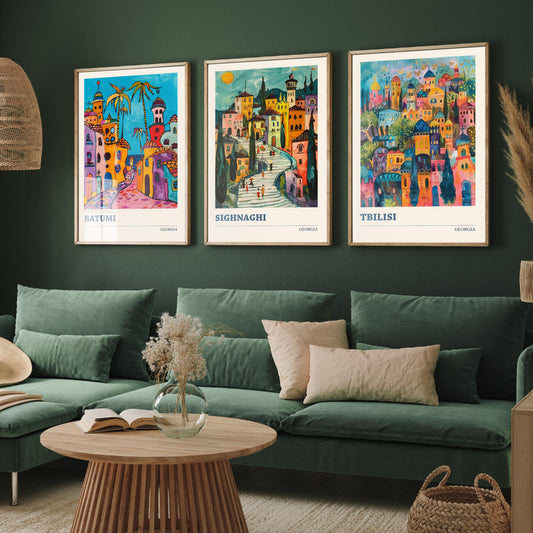 Georgia Set of Three Travel Posters - Batumi, Sighnaghi, Tbilisi - 3 Colourful Art Prints Folk Painting Illustration Gift City