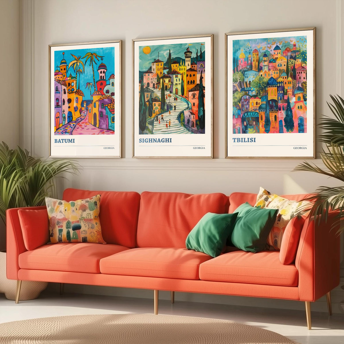 Georgia Set of Three Travel Posters - Batumi, Sighnaghi, Tbilisi - 3 Colourful Art Prints Folk Painting Illustration Gift City