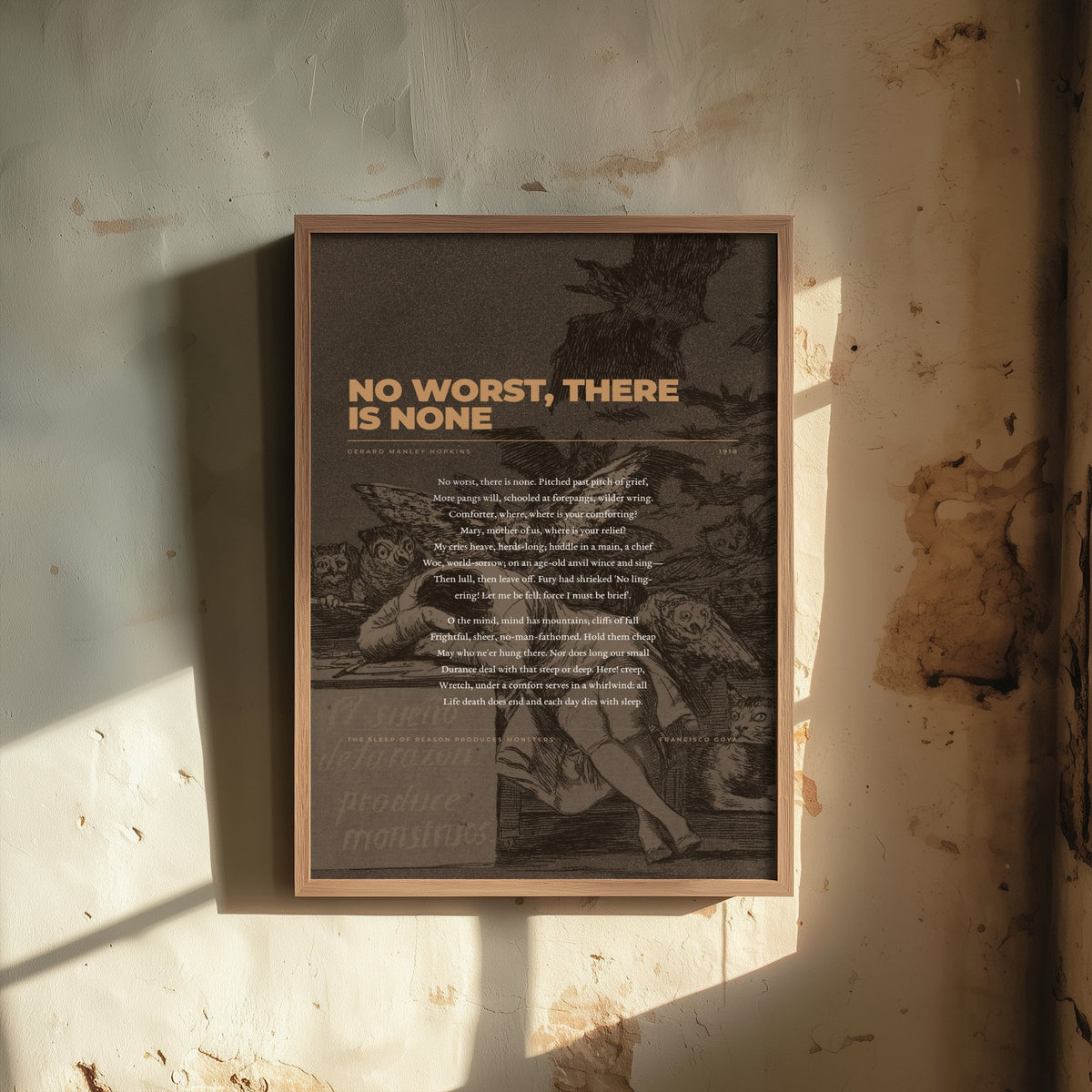 No Worst There Is None by Gerard Manley Hopkins Art Print - Full Poem Poster over Goya Sleep of Reason Drawing - Dark Sonnet Decor