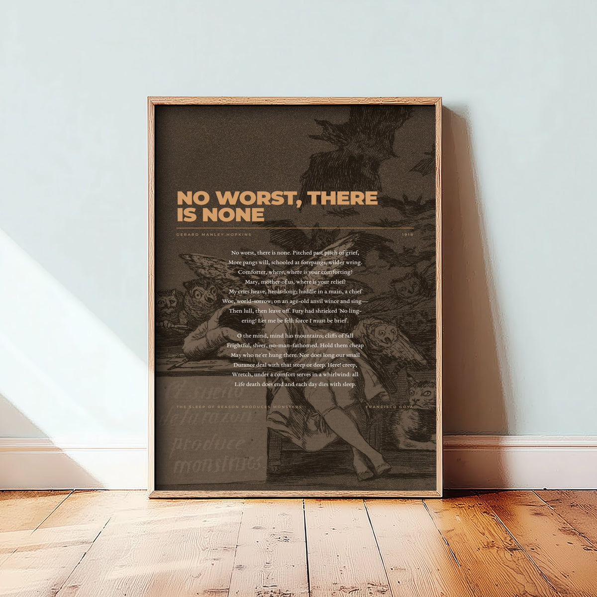 No Worst There Is None by Gerard Manley Hopkins Art Print - Full Poem Poster over Goya Sleep of Reason Drawing - Dark Sonnet Decor