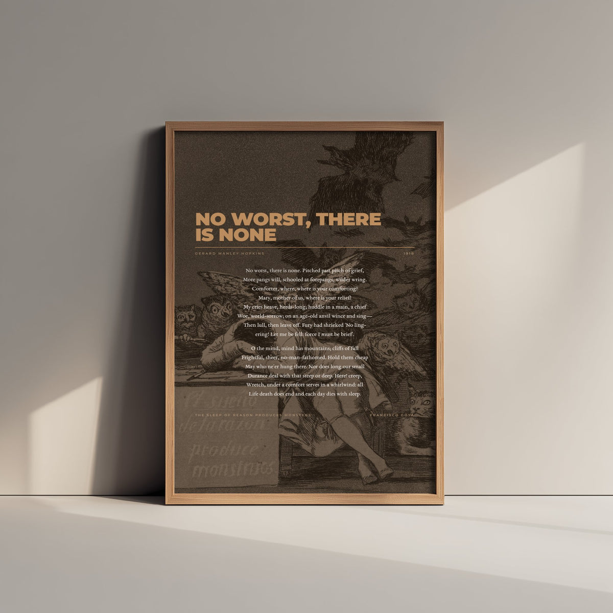No Worst There Is None by Gerard Manley Hopkins Art Print - Full Poem Poster over Goya Sleep of Reason Drawing - Dark Sonnet Decor