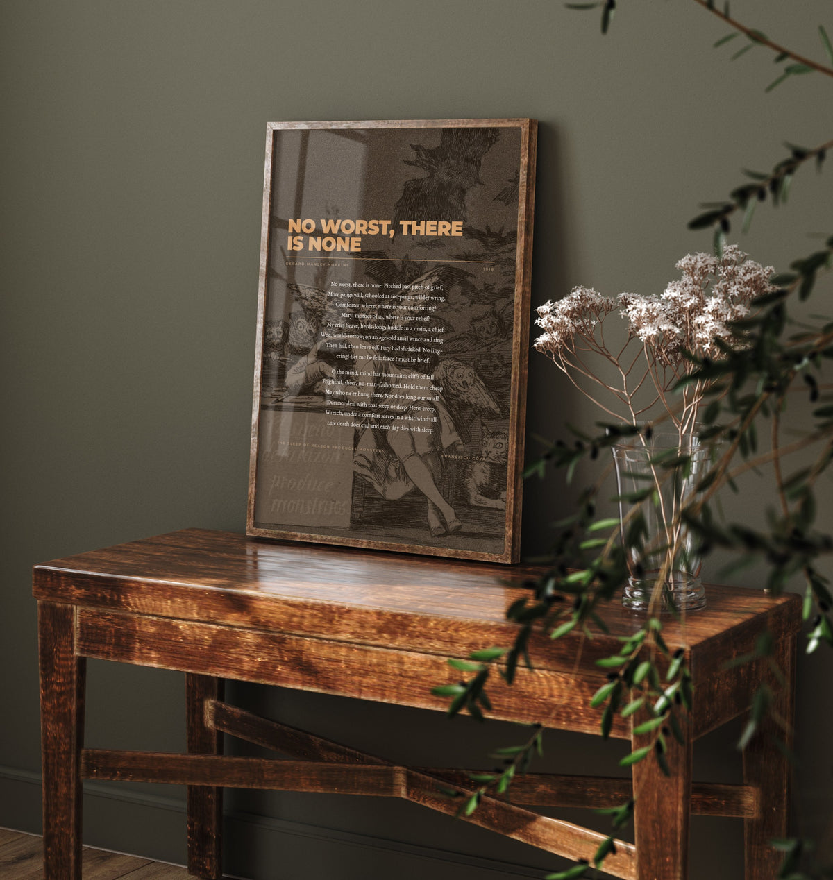 No Worst There Is None by Gerard Manley Hopkins Art Print - Full Poem Poster over Goya Sleep of Reason Drawing - Dark Sonnet Decor