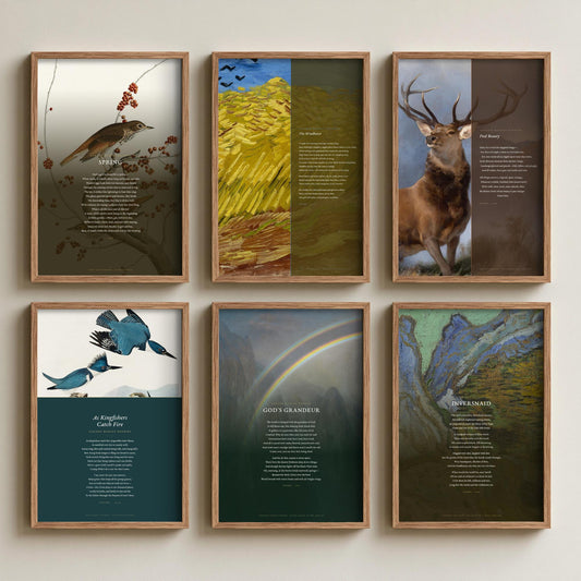Set of Six Gerard Manley Hopkins Poem Art Prints - Full Poems over Classic Paintings - Posters - The Windhover, Pied Beauty, God's Grandeur
