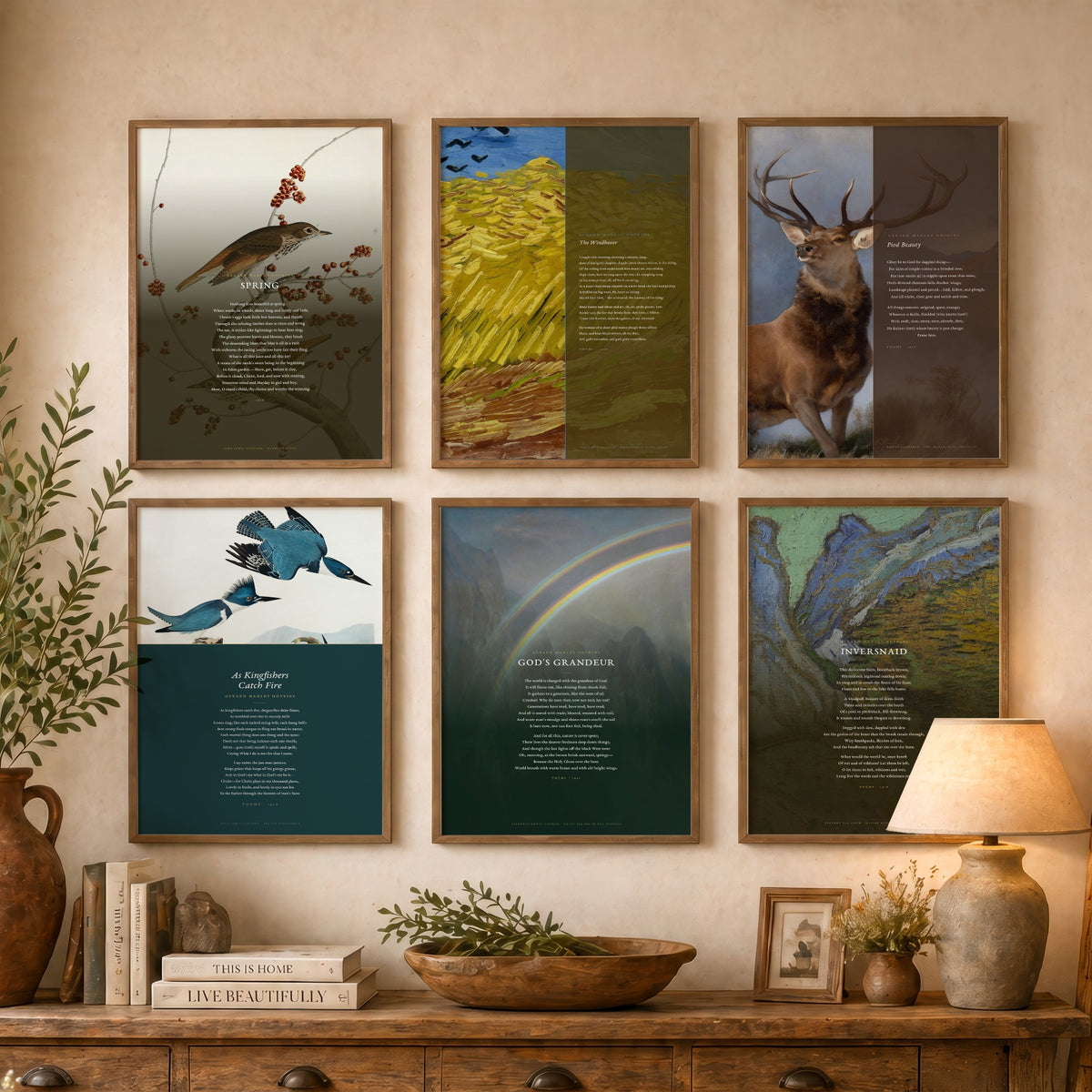 Set of Six Gerard Manley Hopkins Poem Art Prints - Full Poems over Classic Paintings - Posters - The Windhover, Pied Beauty, God's Grandeur