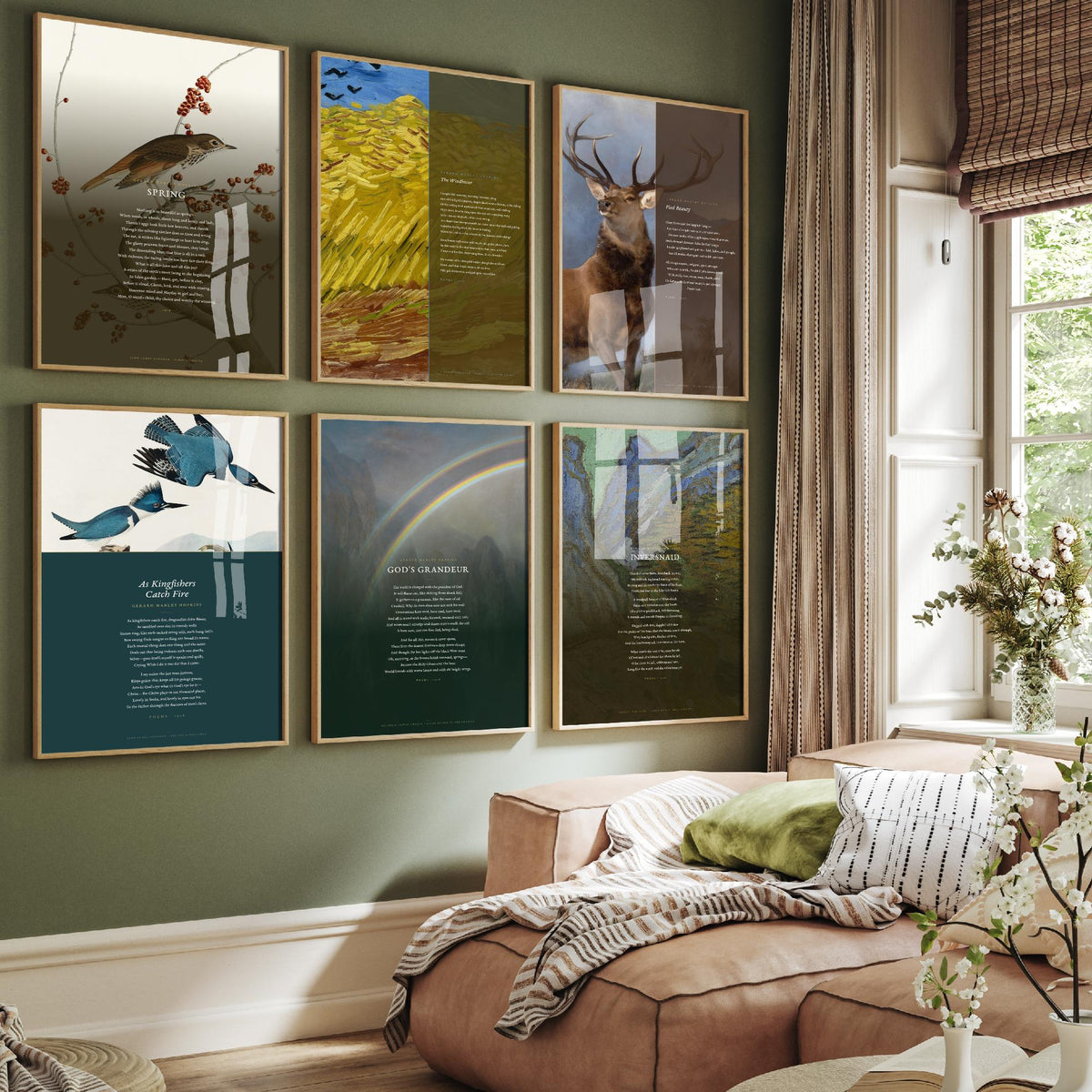 Set of Six Gerard Manley Hopkins Poem Art Prints - Full Poems over Classic Paintings - Posters - The Windhover, Pied Beauty, God's Grandeur