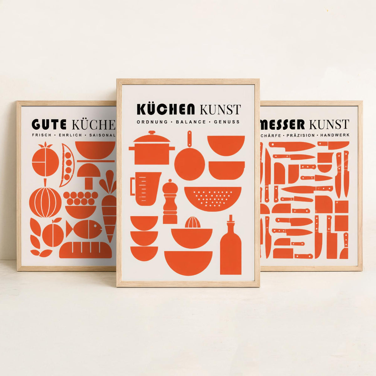 German Kitchen Set of Three Art Prints - 3 Mid Century Cooking Posters - Food Knife Utensil Wall Art Gift Illustration Chef Decor