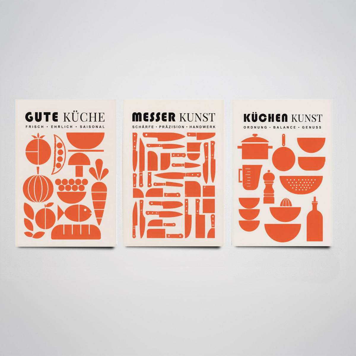 German Kitchen Set of Three Art Prints - 3 Mid Century Cooking Posters - Food Knife Utensil Wall Art Gift Illustration Chef Decor