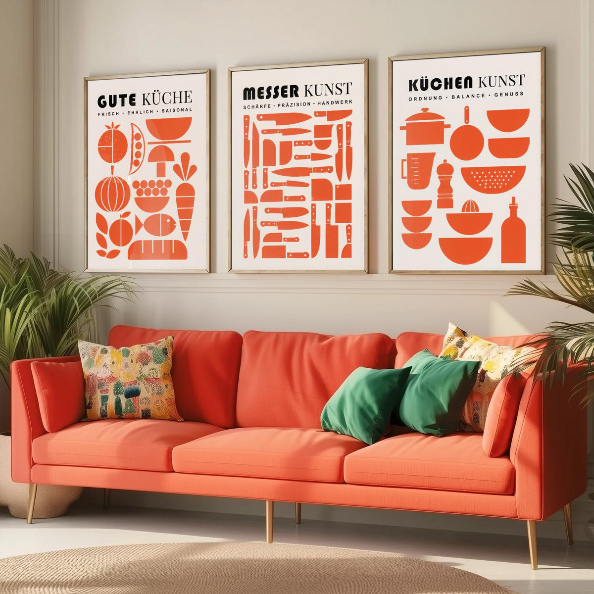 German Kitchen Set of Three Art Prints - 3 Mid Century Cooking Posters - Food Knife Utensil Wall Art Gift Illustration Chef Decor
