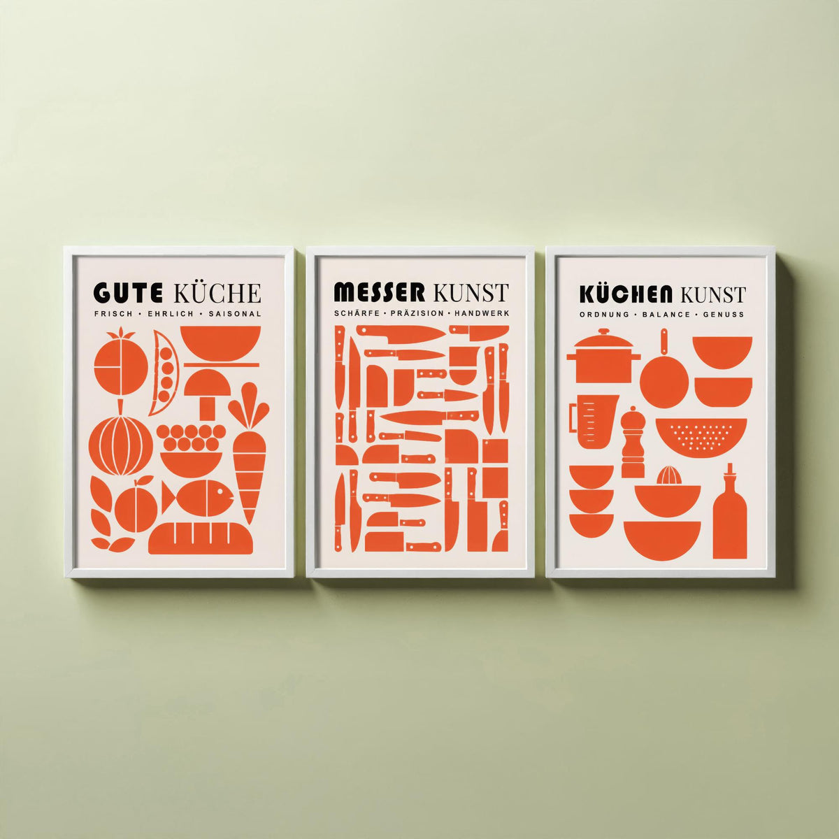 German Kitchen Set of Three Art Prints - 3 Mid Century Cooking Posters - Food Knife Utensil Wall Art Gift Illustration Chef Decor