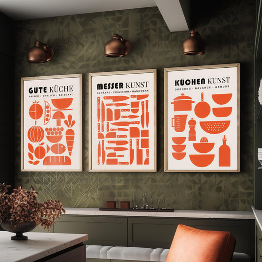 German Kitchen Set of Three Art Prints - 3 Mid Century Cooking Posters - Food Knife Utensil Wall Art Gift Illustration Chef Decor