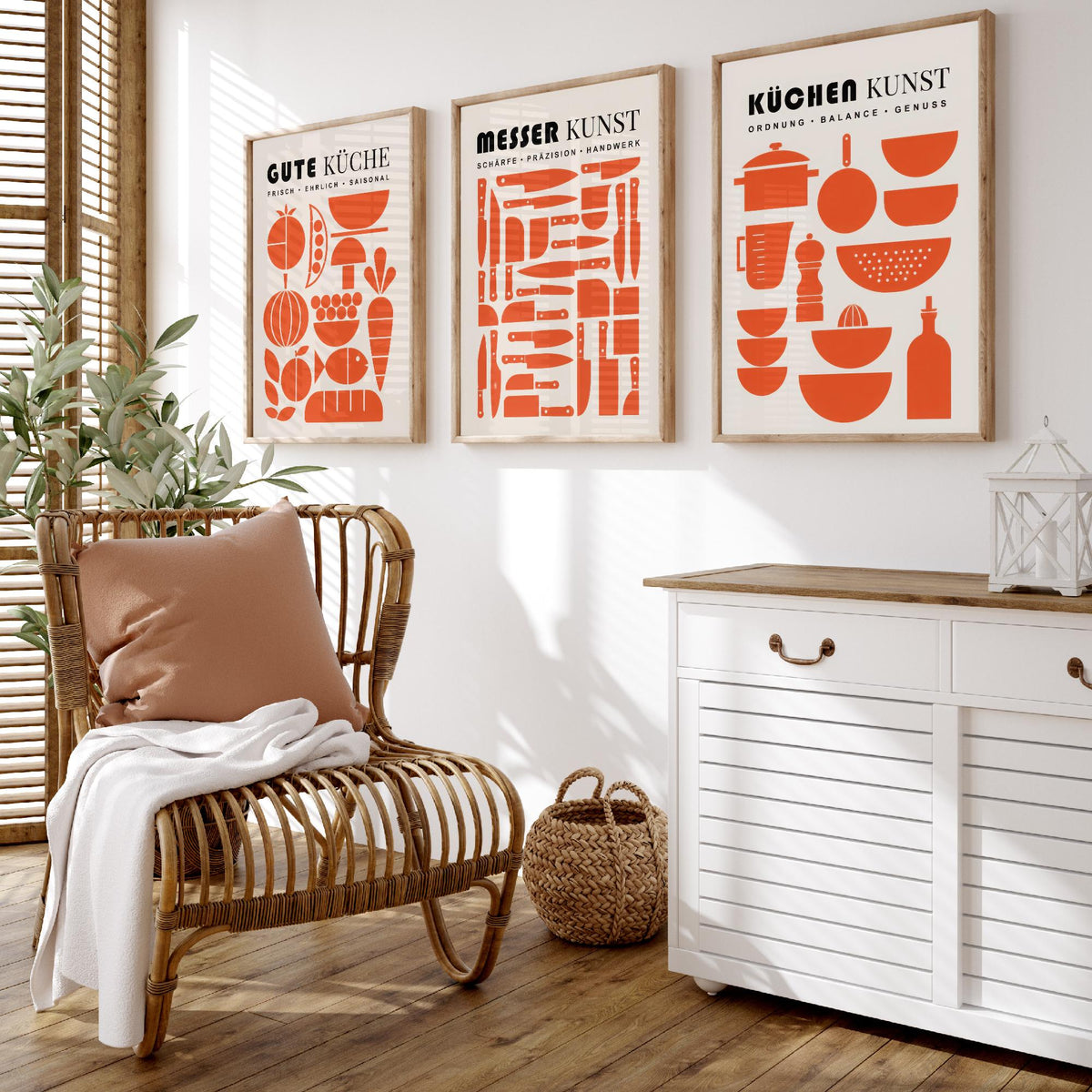 German Kitchen Set of Three Art Prints - 3 Mid Century Cooking Posters - Food Knife Utensil Wall Art Gift Illustration Chef Decor
