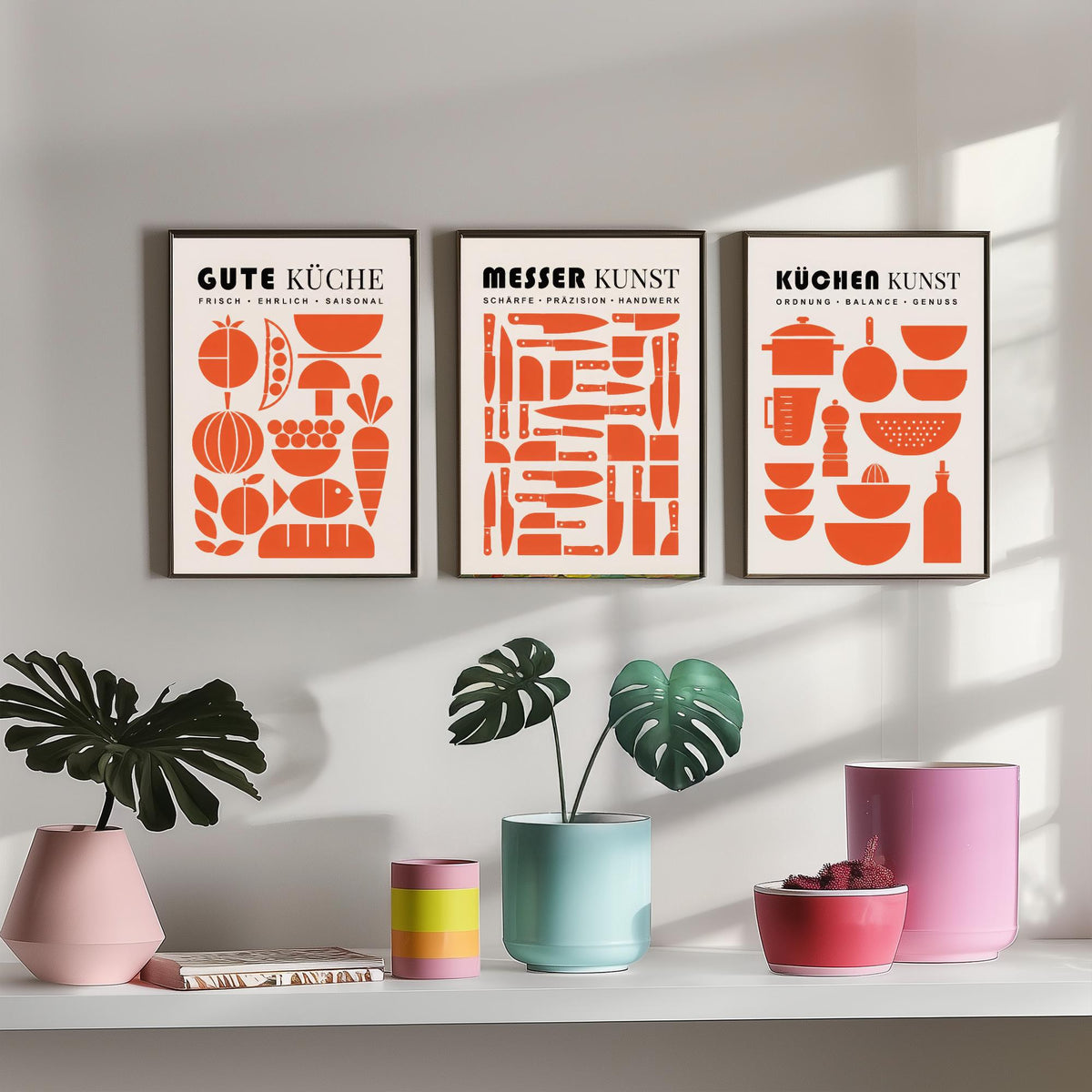 German Kitchen Set of Three Art Prints - 3 Mid Century Cooking Posters - Food Knife Utensil Wall Art Gift Illustration Chef Decor
