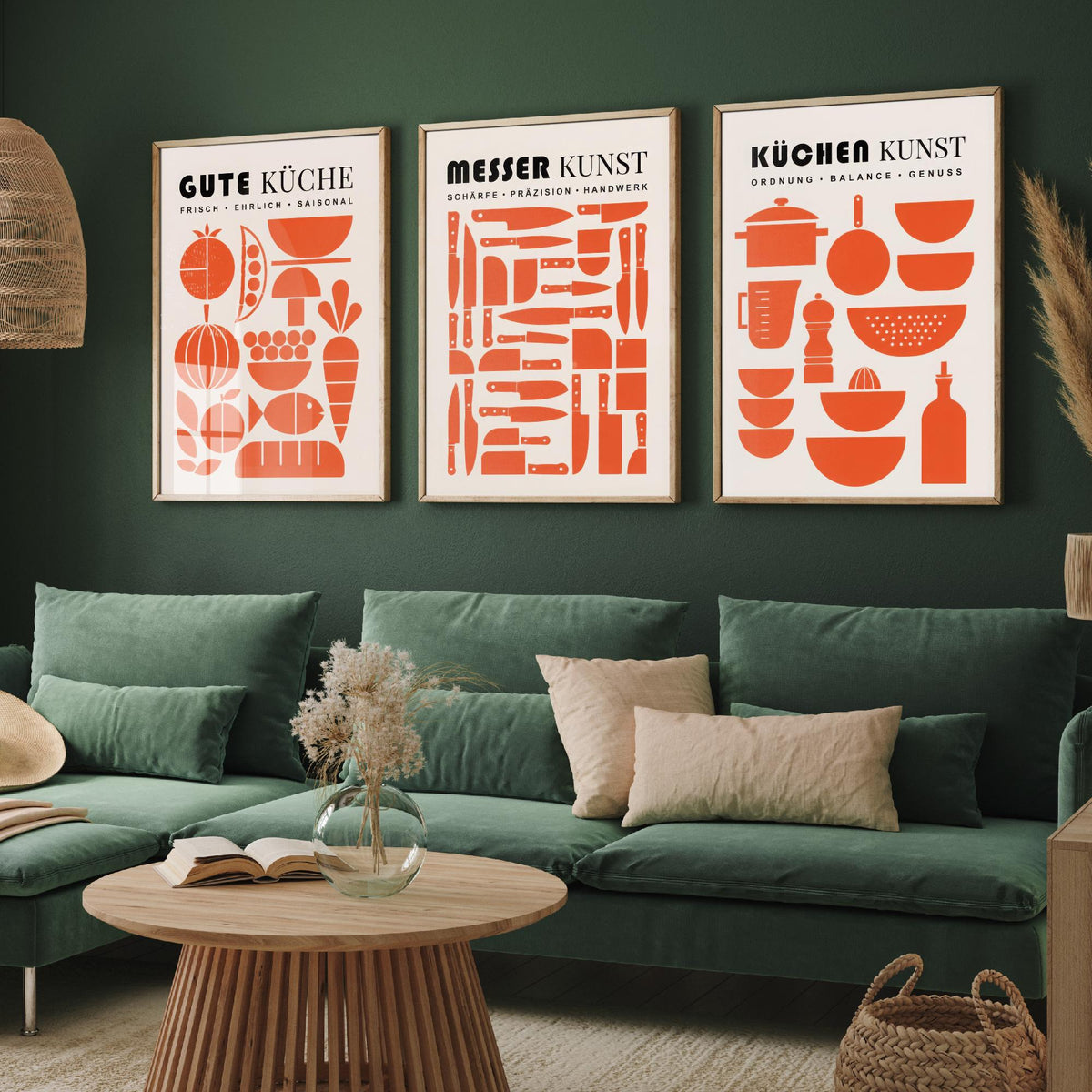 German Kitchen Set of Three Art Prints - 3 Mid Century Cooking Posters - Food Knife Utensil Wall Art Gift Illustration Chef Decor