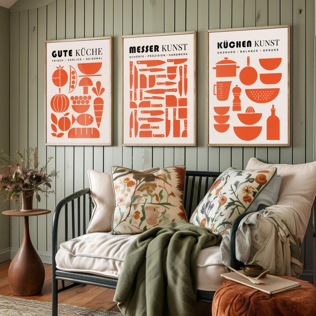 German Kitchen Set of Three Art Prints - 3 Mid Century Cooking Posters - Food Knife Utensil Wall Art Gift Illustration Chef Decor