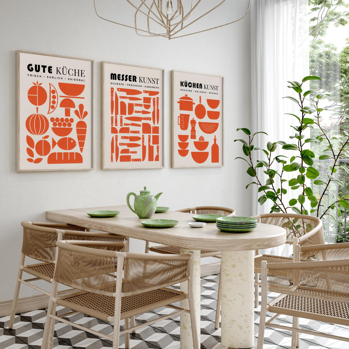 German Kitchen Set of Three Art Prints - 3 Mid Century Cooking Posters - Food Knife Utensil Wall Art Gift Illustration Chef Decor