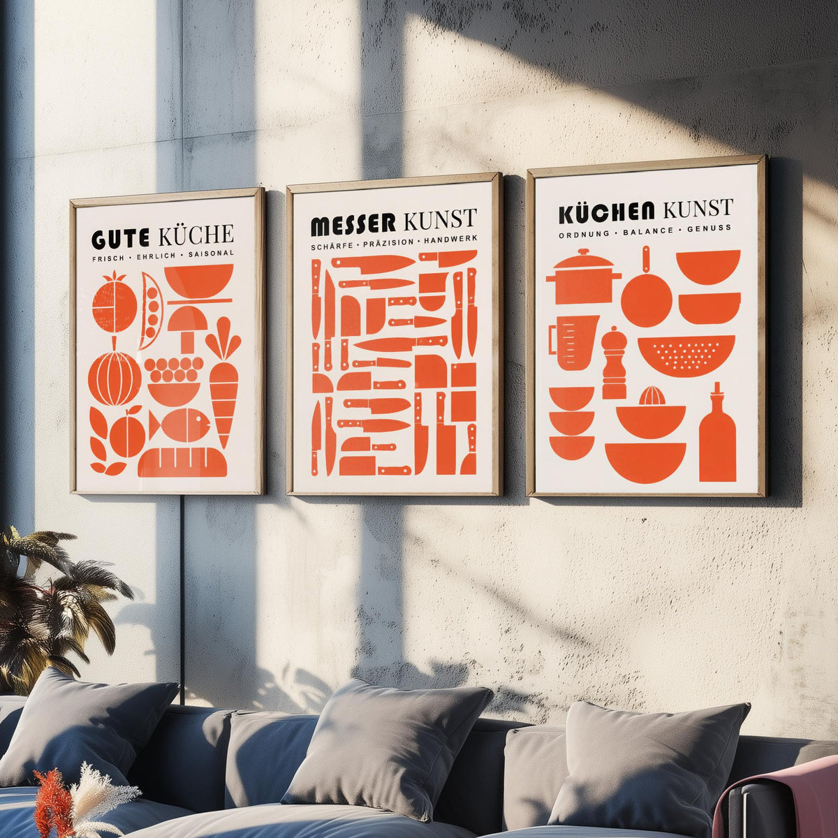 German Kitchen Set of Three Art Prints - 3 Mid Century Cooking Posters - Food Knife Utensil Wall Art Gift Illustration Chef Decor