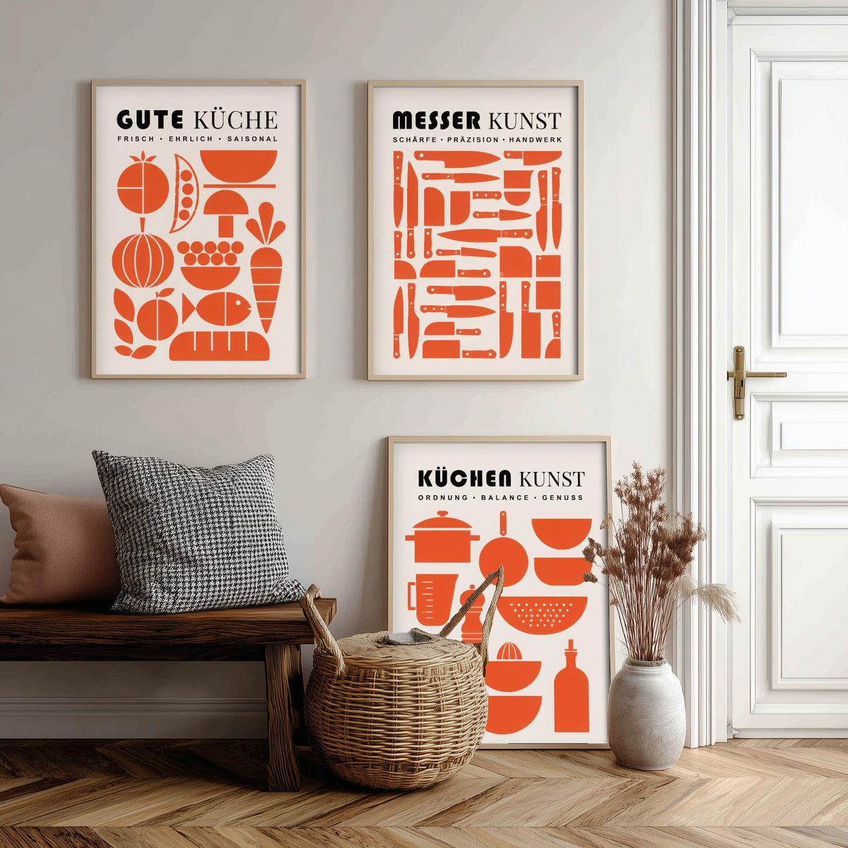 German Kitchen Set of Three Art Prints - 3 Mid Century Cooking Posters - Food Knife Utensil Wall Art Gift Illustration Chef Decor