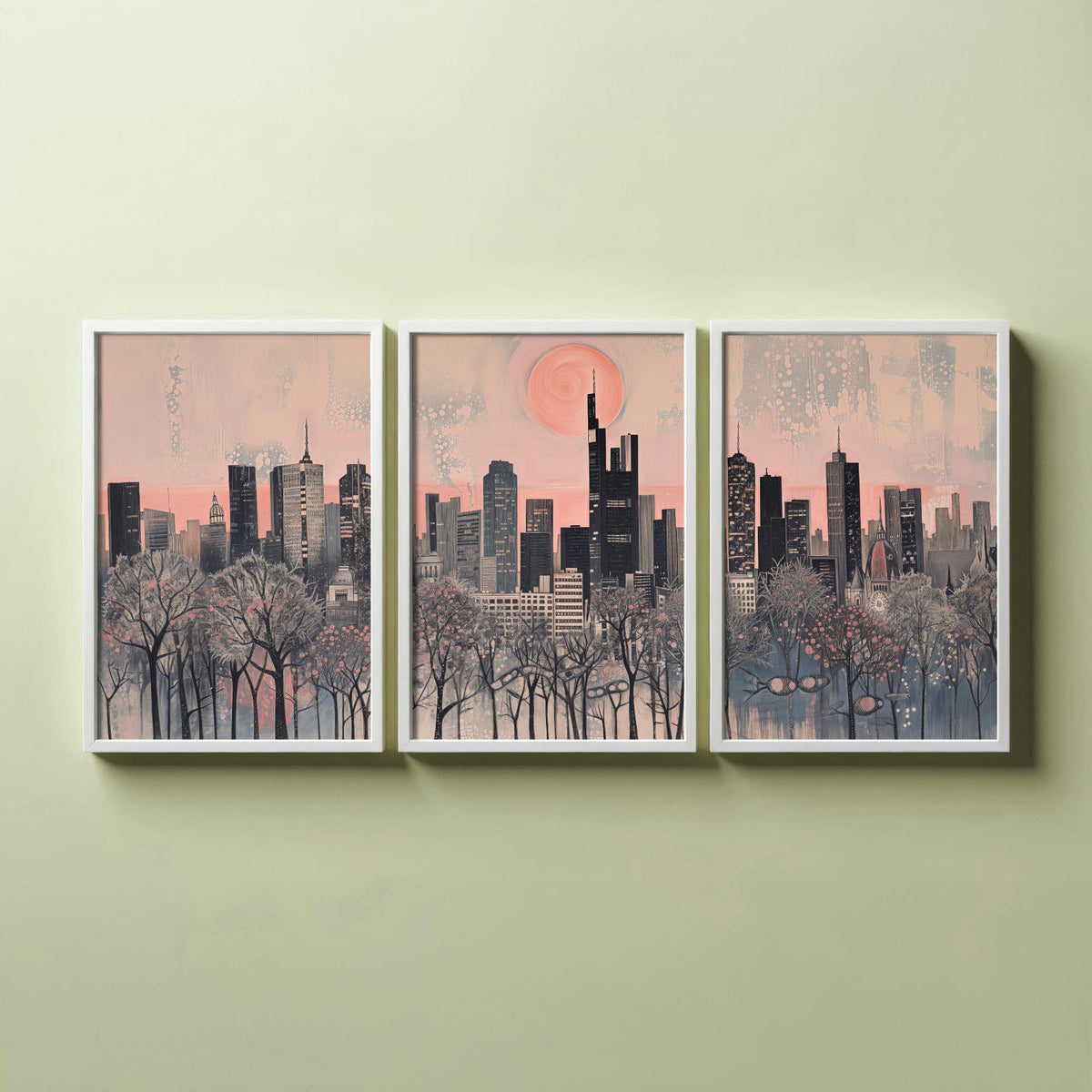 Frankfurt Germany Set of Three Art Prints - 3 City Skyline Posters - Pink Grey Illustration Wall Art Gift Cityscape Travel Decor