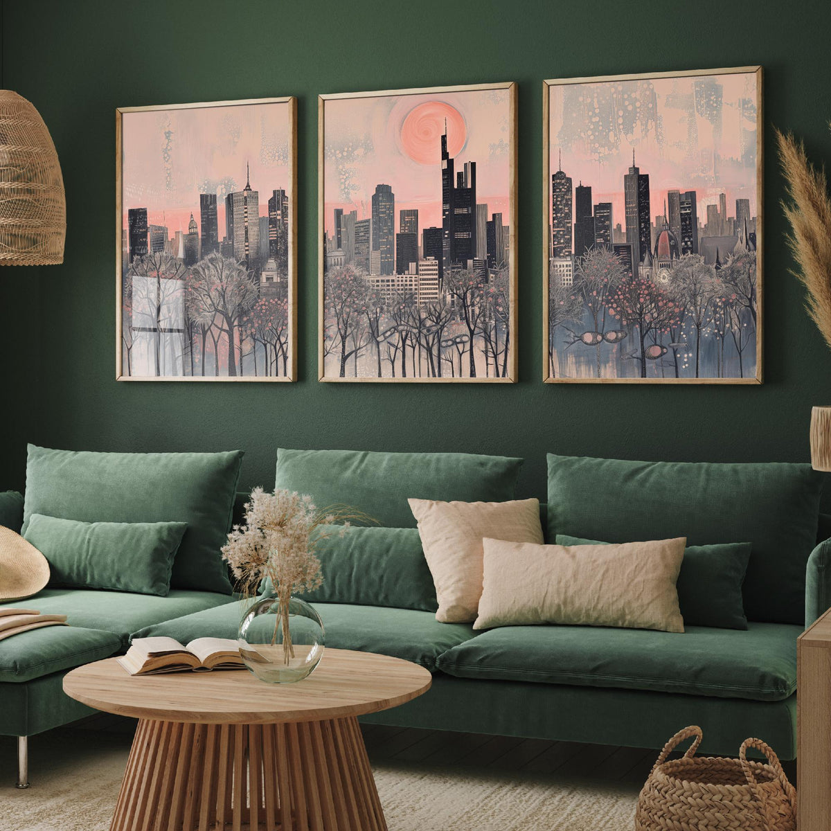Frankfurt Germany Set of Three Art Prints - 3 City Skyline Posters - Pink Grey Illustration Wall Art Gift Cityscape Travel Decor