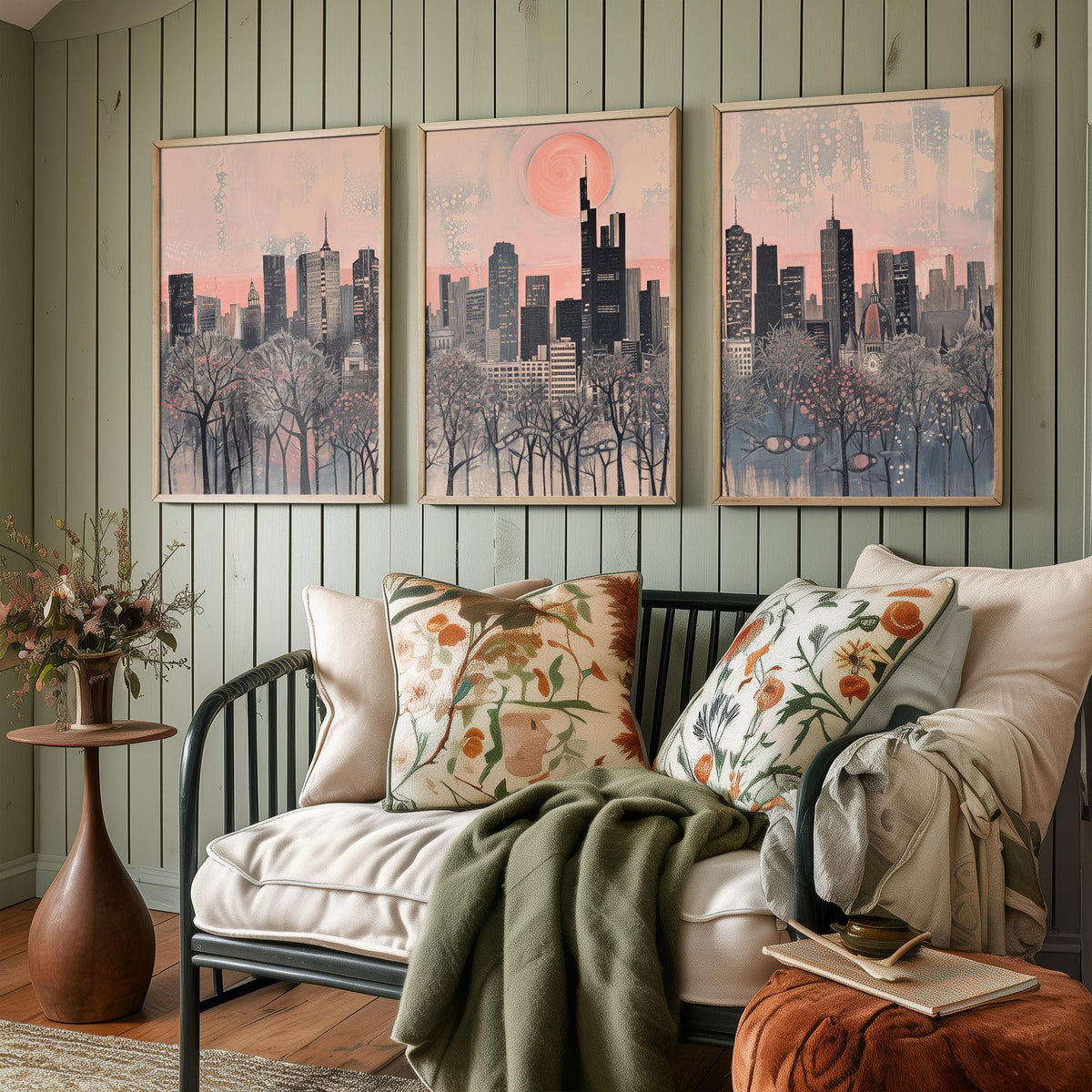 Frankfurt Germany Set of Three Art Prints - 3 City Skyline Posters - Pink Grey Illustration Wall Art Gift Cityscape Travel Decor