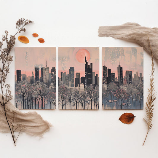 Frankfurt Germany Set of Three Art Prints - 3 City Skyline Posters - Pink Grey Illustration Wall Art Gift Cityscape Travel Decor