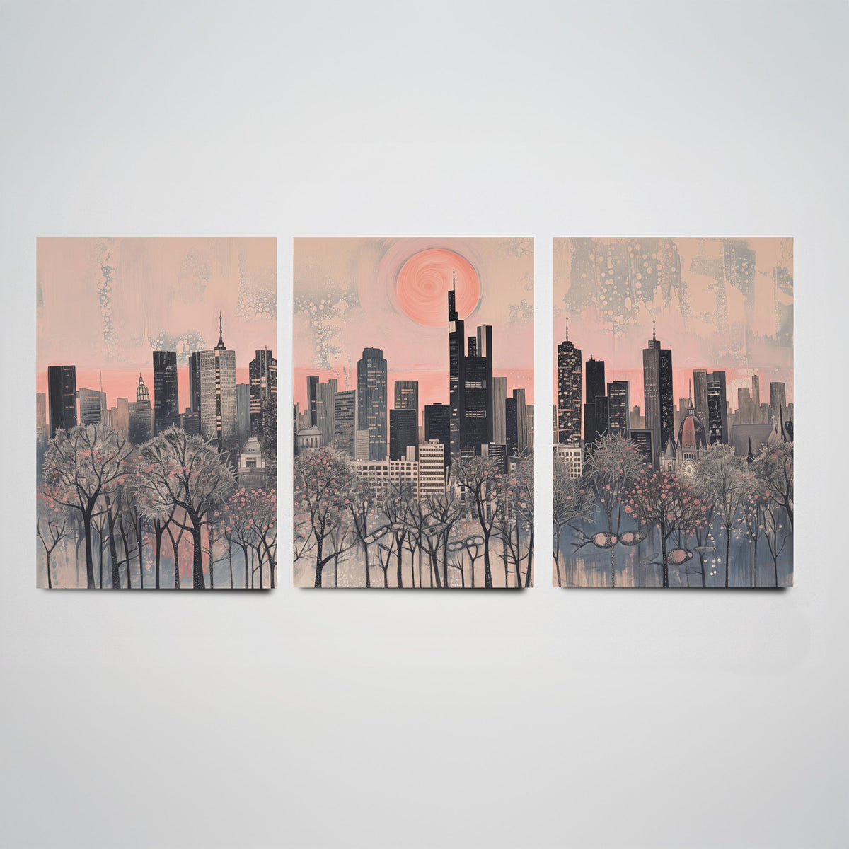 Frankfurt Germany Set of Three Art Prints - 3 City Skyline Posters - Pink Grey Illustration Wall Art Gift Cityscape Travel Decor