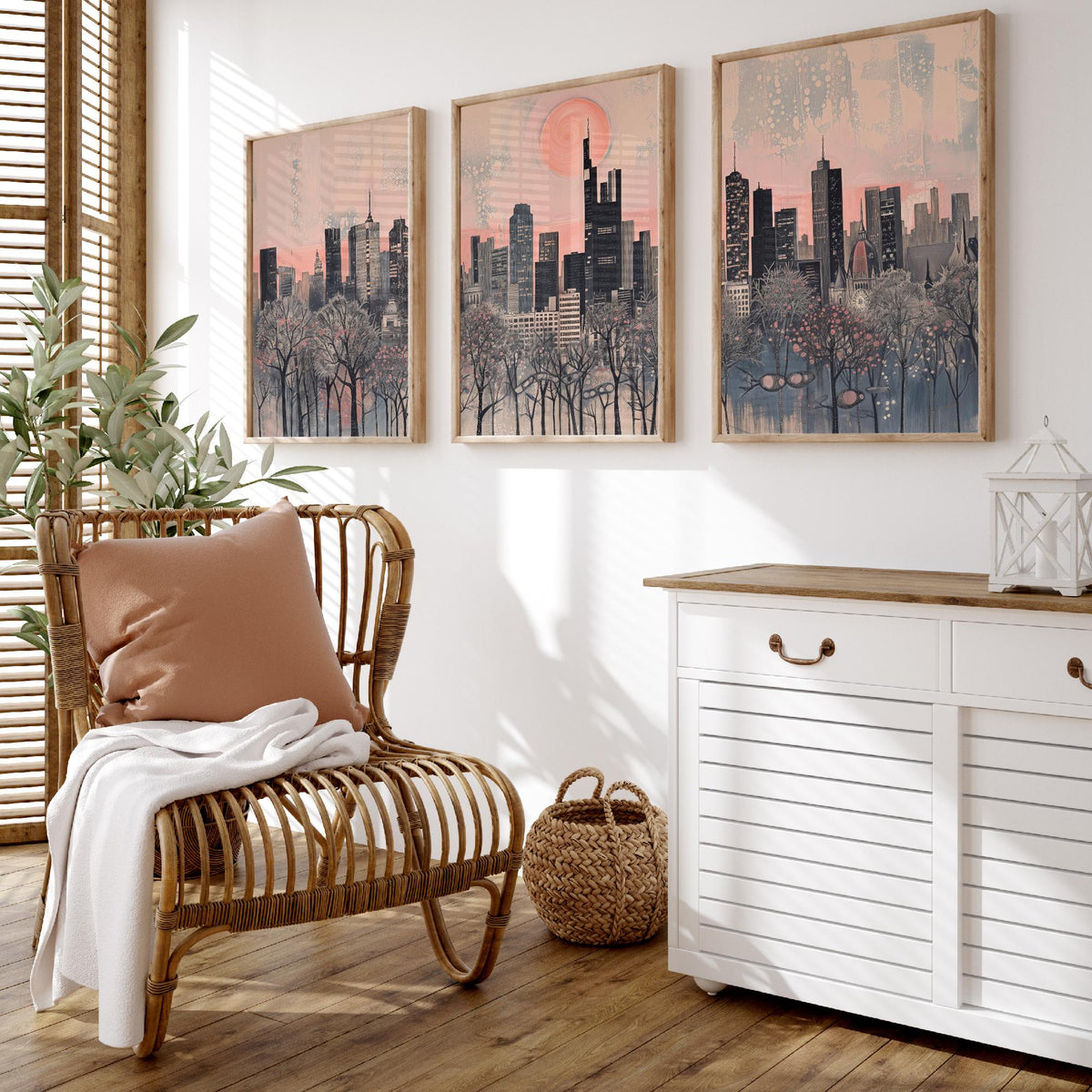 Frankfurt Germany Set of Three Art Prints - 3 City Skyline Posters - Pink Grey Illustration Wall Art Gift Cityscape Travel Decor