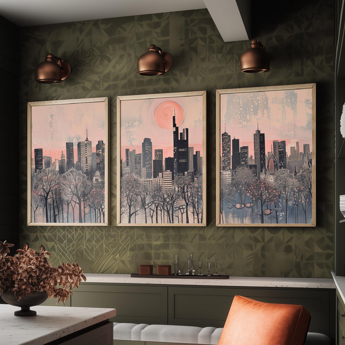 Frankfurt Germany Set of Three Art Prints - 3 City Skyline Posters - Pink Grey Illustration Wall Art Gift Cityscape Travel Decor