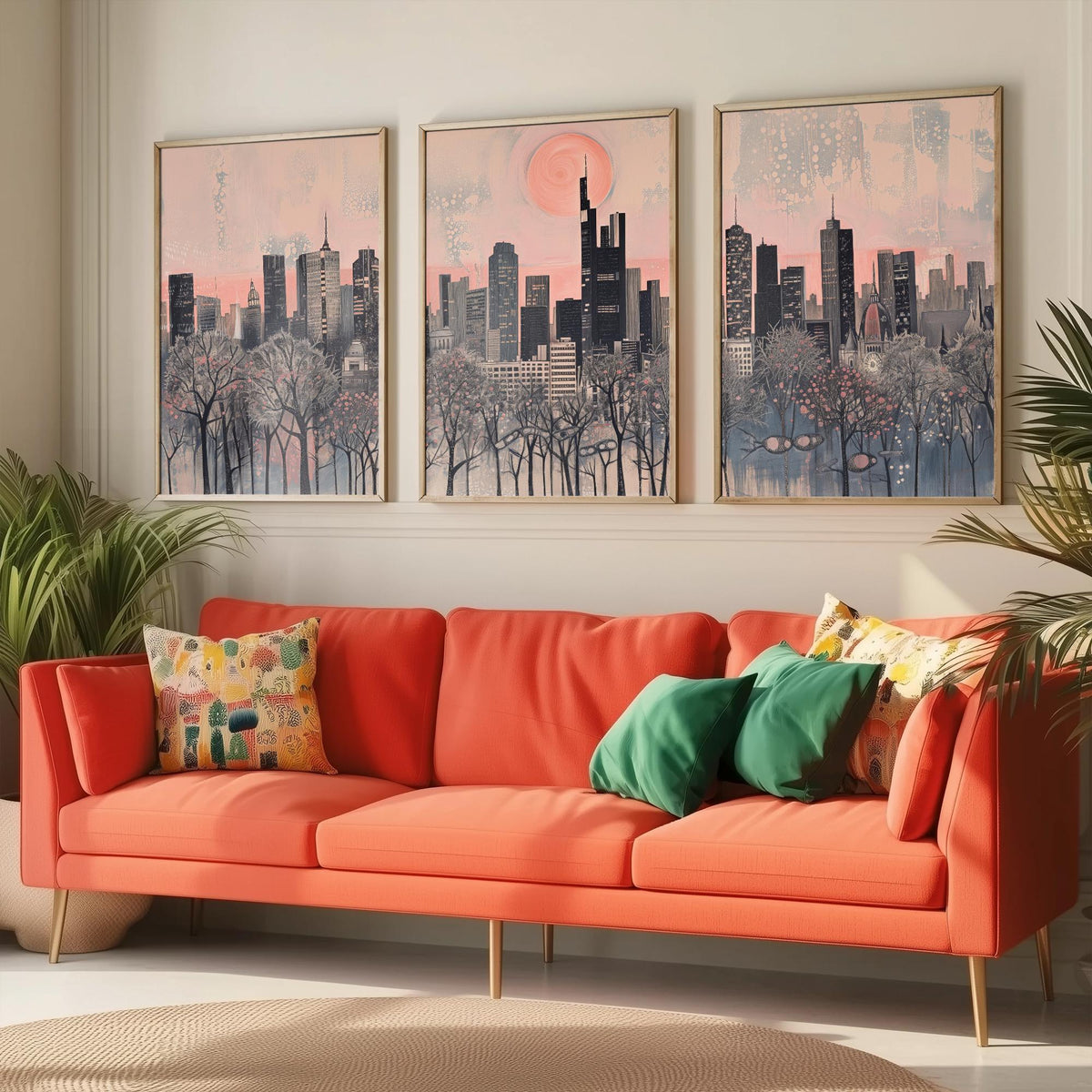 Frankfurt Germany Set of Three Art Prints - 3 City Skyline Posters - Pink Grey Illustration Wall Art Gift Cityscape Travel Decor
