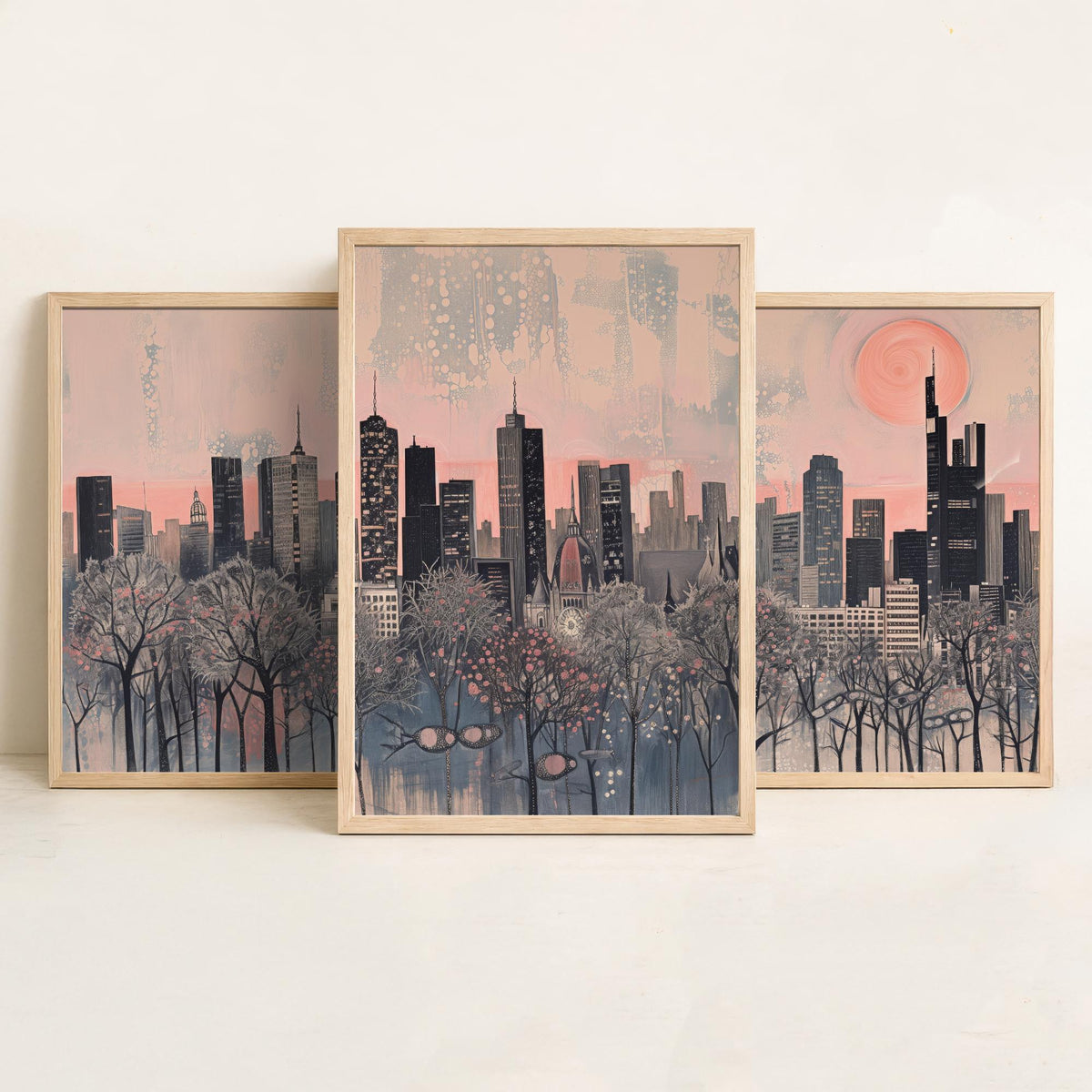 Frankfurt Germany Set of Three Art Prints - 3 City Skyline Posters - Pink Grey Illustration Wall Art Gift Cityscape Travel Decor
