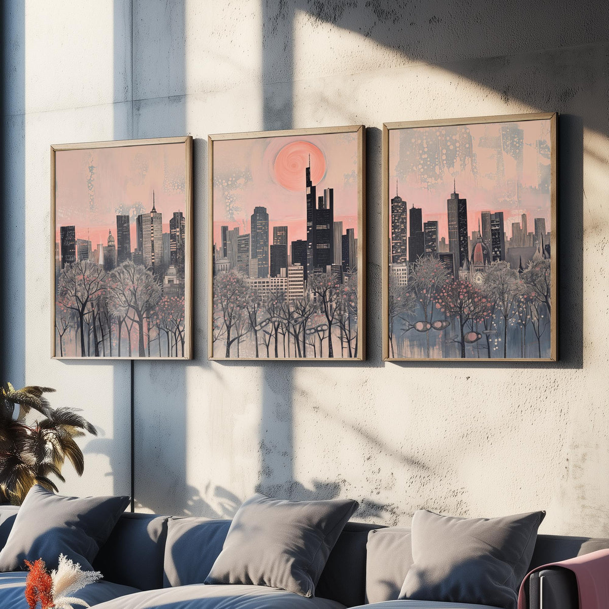 Frankfurt Germany Set of Three Art Prints - 3 City Skyline Posters - Pink Grey Illustration Wall Art Gift Cityscape Travel Decor