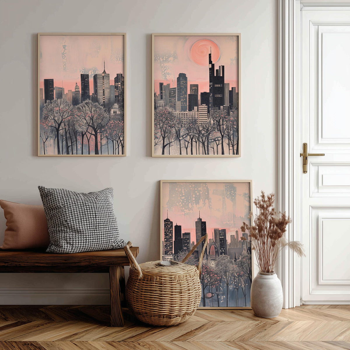 Frankfurt Germany Set of Three Art Prints - 3 City Skyline Posters - Pink Grey Illustration Wall Art Gift Cityscape Travel Decor