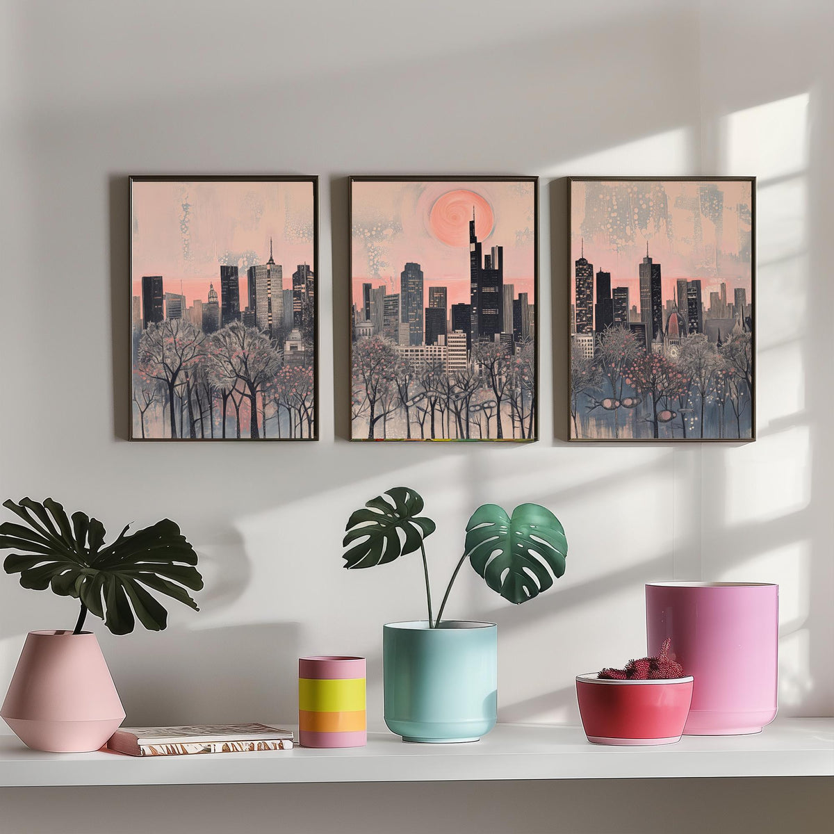 Frankfurt Germany Set of Three Art Prints - 3 City Skyline Posters - Pink Grey Illustration Wall Art Gift Cityscape Travel Decor