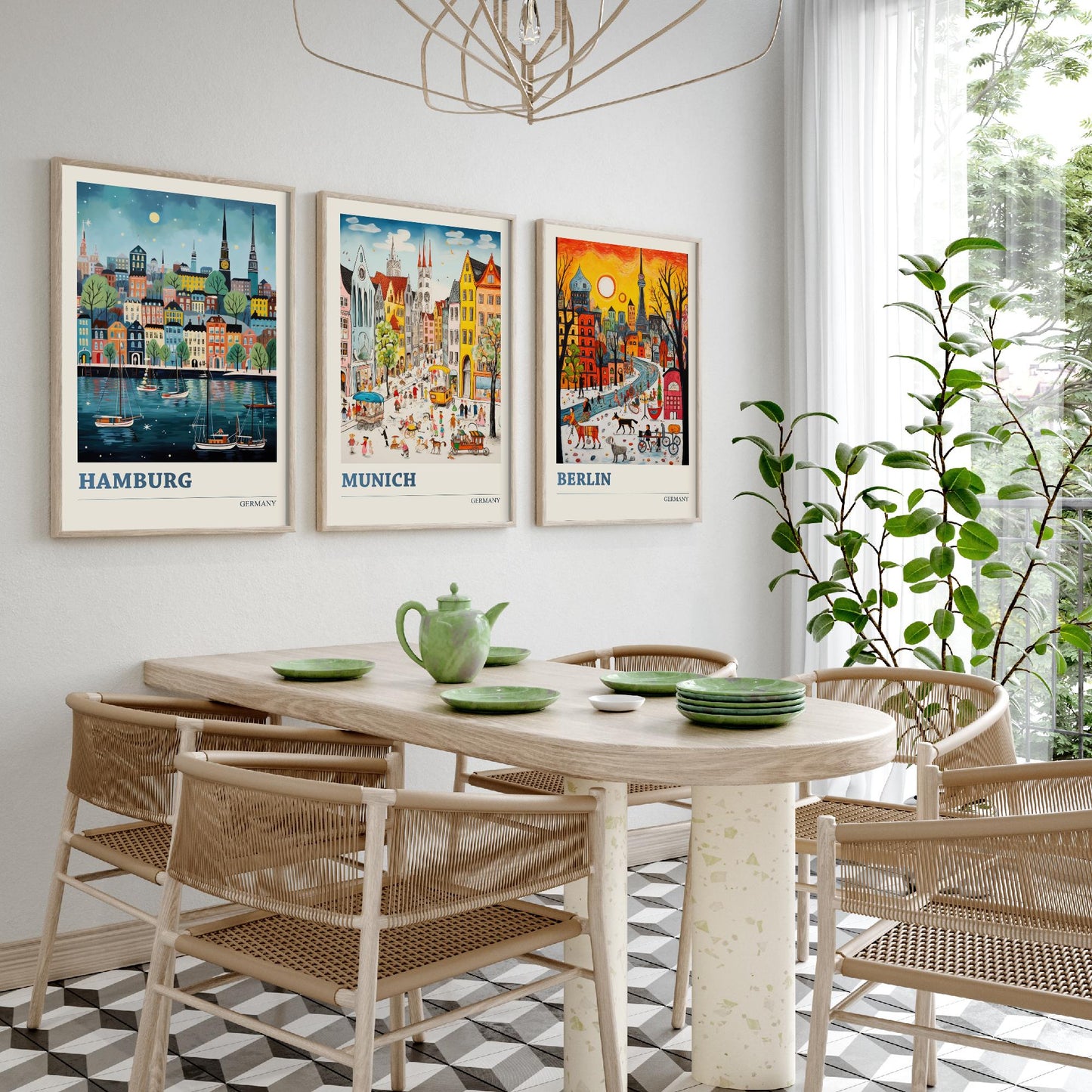 Germany Set of Three Art Prints - Hamburg, Munich, Berlin - Vibrant Naive Travel Posters - Colourful German Cities Illustration