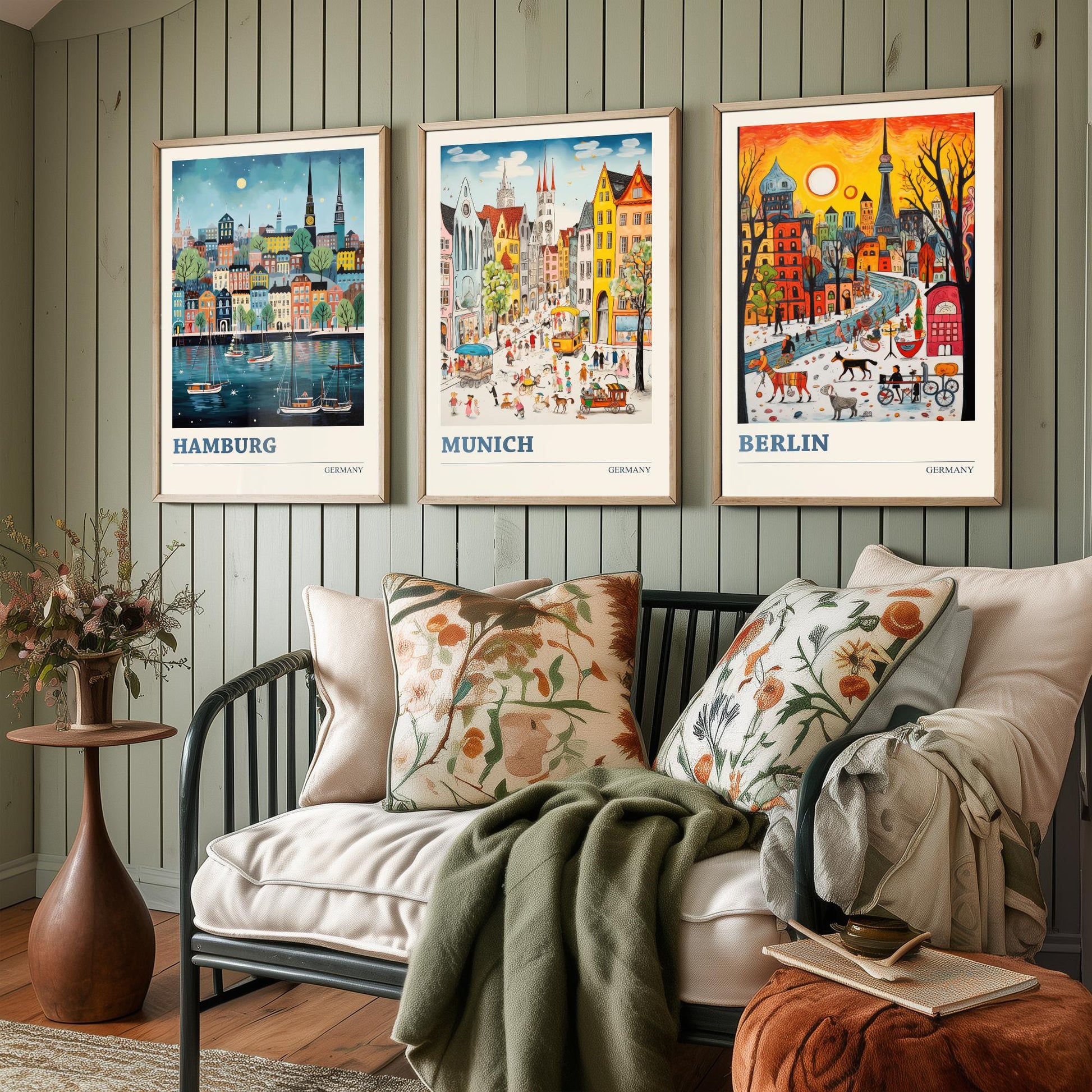Germany Set of Three Art Prints - Hamburg, Munich, Berlin - Vibrant Naive Travel Posters - Colourful German Cities Illustration