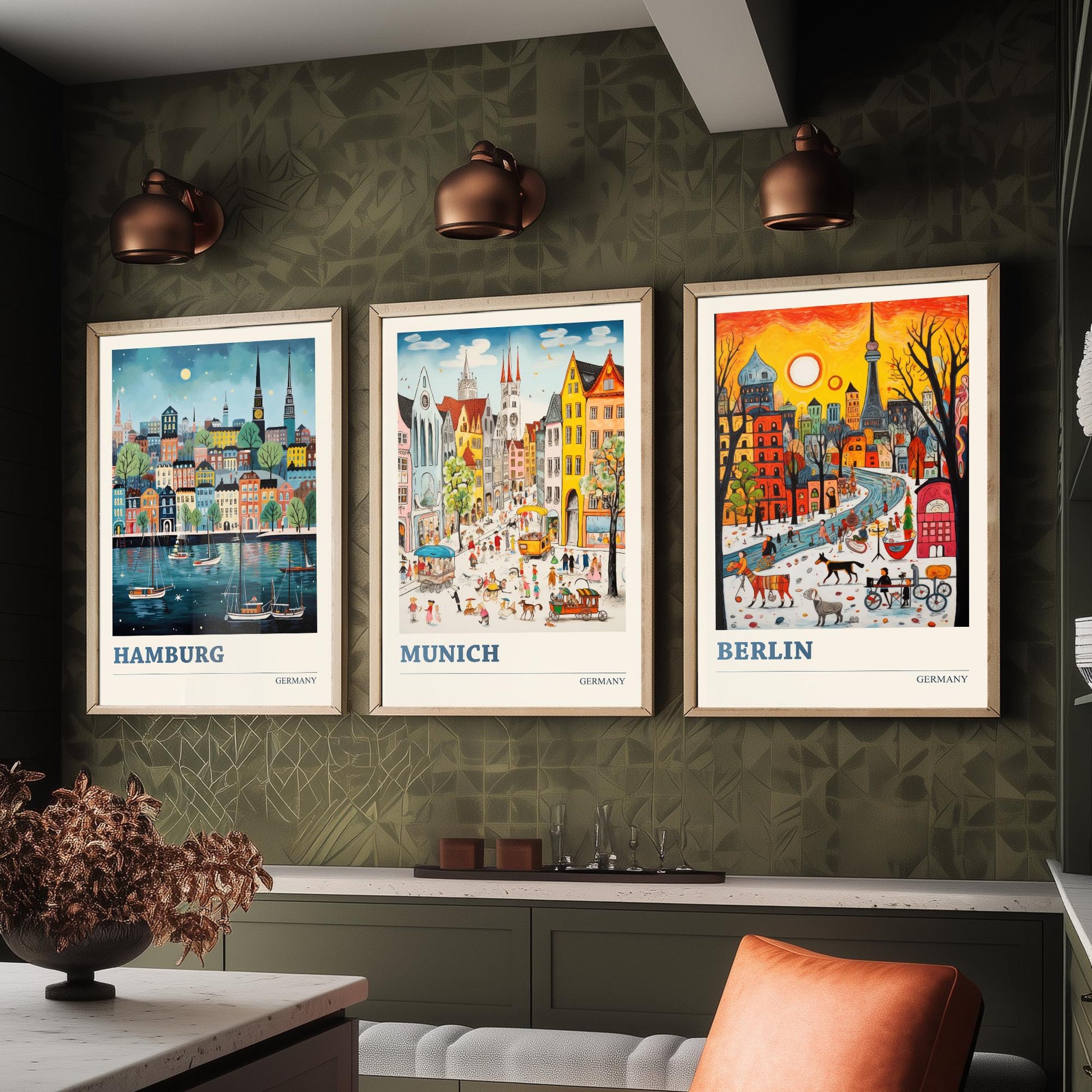 Germany Set of Three Art Prints - Hamburg, Munich, Berlin - Vibrant Naive Travel Posters - Colourful German Cities Illustration